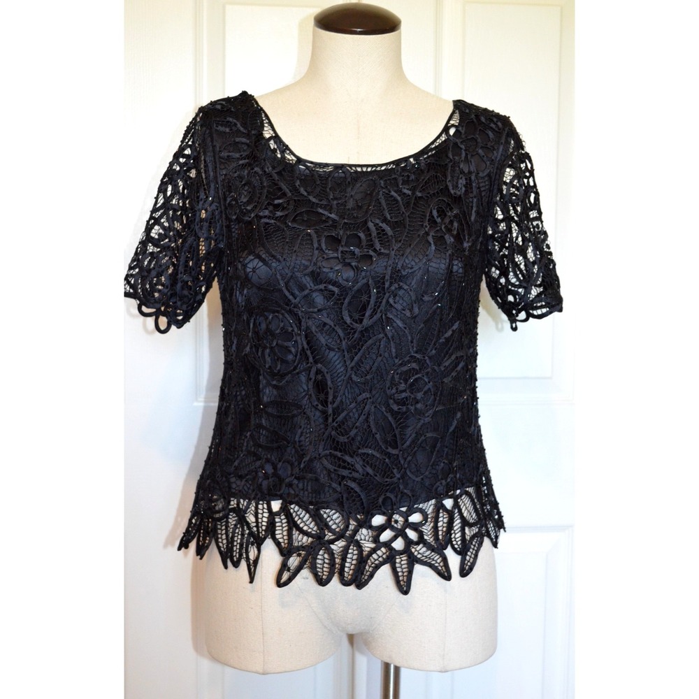 Soulmates Black Silk Hand Crochet Short Sleeve Blouse w/ Cami Womens Small